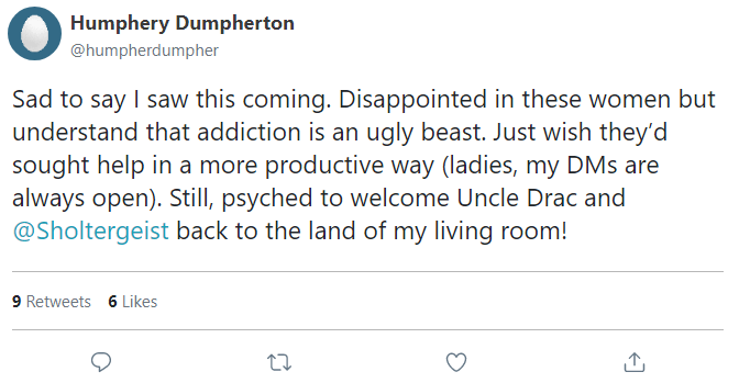 Sad to say I saw this coming. Disappointed in these women but understand that addiction is an ugly beast. Just wish they’d sought help in a more productive way (ladies, my DMs are always open). Still, psyched to welcome Uncle Drac and @Sholtergeist back to the land of my living room!